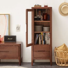 Qokori Solid Oak Storage Cabinet for Living Room - Free-Standing Corner Cabinets Storage Table with Vintage Glass Door,2 Shelves
