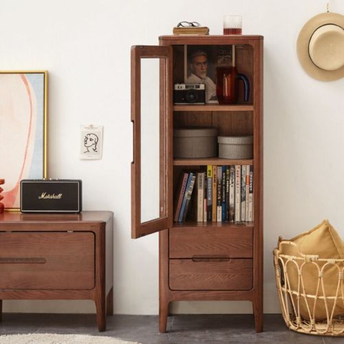 Qokori Solid Oak Storage Cabinet for Living Room - Free-Standing Corner Cabinets Storage Table with Vintage Glass Door,2 Shelves