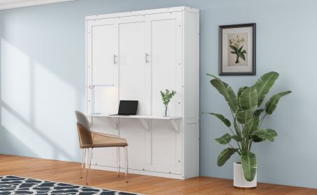 Full Size Murphy Bed,61.5-inch Cabinet Bed Folding Wall Bed with Desk Combo Perfect for Guest Room, Study, Office, White