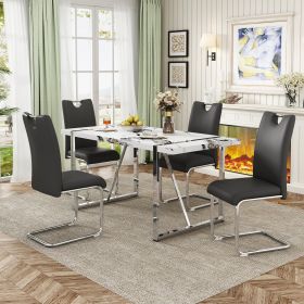 5-Piece Dining Table Chairs Set, Rectangular Dining Room Table Set for 4, Modern Dining Table with 4 PU Leather Chairs for Kitchen Dining Room (Color: White+Black, Material: Steel)
