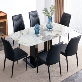 7-Piece Faux Marble Dining Table Set, Glass Rectangular Kitchen Table for 6-8, Modern Black Faux Marble Dining Room Table with MDF Base (Color: Black, Material: MDF+glass)
