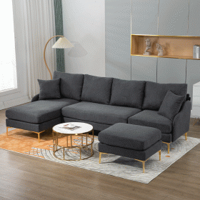 110'' Wide Reversible Left or Right Chaise of Sectional Sofa U-Shape Convertible Sofa Couch 4-Seat Couch with Chaise Lounge Upholstered for Living Roo (Color: as Pic)