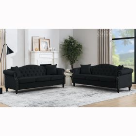 [Video] 79" Chesterfield Sofa Black Velvet for Living Room, 3 Seater Sofa Tufted Couch with Rolled Arms and Nailhead for Living Room, Bedroom, Office (Color: as Pic)