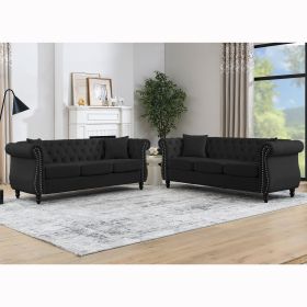 [Video] 80" Chesterfield Sofa Black Velvet for Living Room, 3 Seater Sofa Tufted Couch with Rolled Arms and Nailhead for Living Room, Bedroom, Office (Color: as Pic)