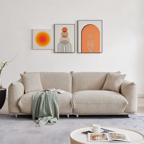 Oversized Loveseat Sofa for Living Room, Sherpa Sofa with Metal Legs, 3 Seater Sofa, Solid Wood Frame Couch with 2 Pillows