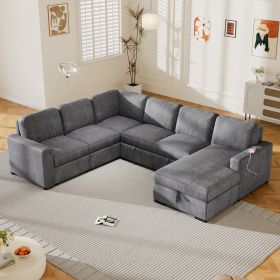 U_Style U-shaped Corduroy Combination Corner Sofa with Storage Lounge Chair, 6-seater Oversized Sofa, With USB interfaces,Suitable for Living Room (Color: as Pic)