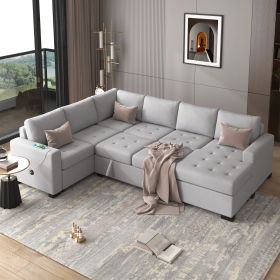 U_Style Sectional Sleeper Sofa with Pull-out Bed and Lounge Chair, USB and Type-C Interfaces, Suitable for Living Room, Office, and Spacious Spaces (Color: as Pic)