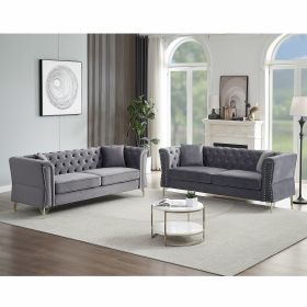 3-seater + 3-seater Combination Sofa Tufted Couch with Rolled Arms and Nailhead for Living Room, Bedroom, Office, Apartment, four pillows (Color: as Pic)